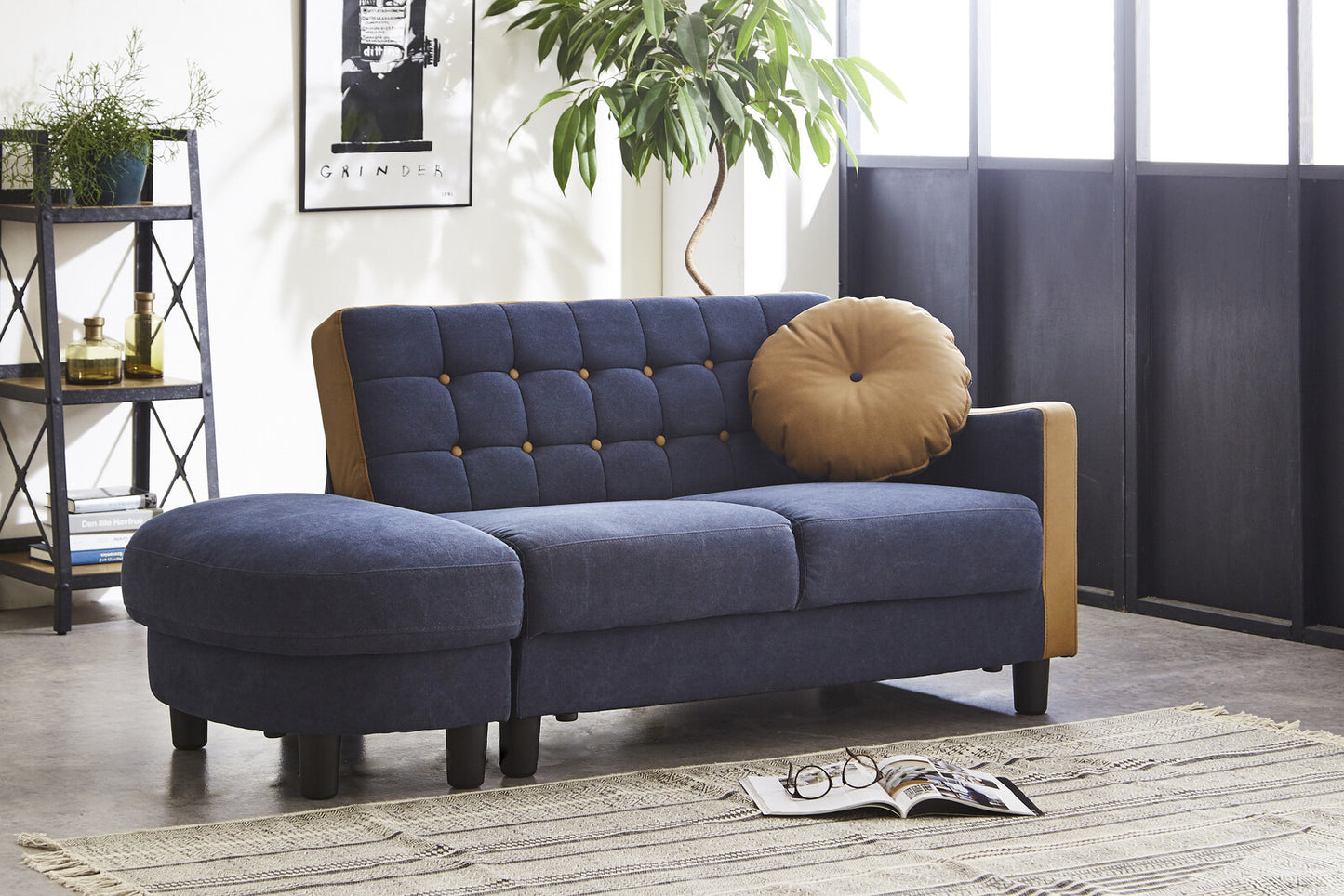 カウチソファ コンパクト 収納庫 ソファベッド 帆布生地 オットマン ソファ