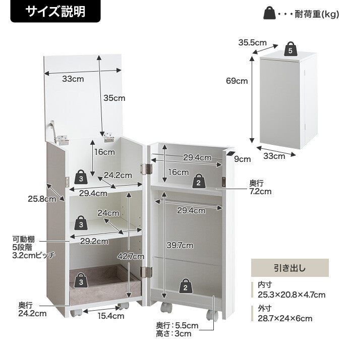 【幅33cm】Piilo キャスター付きコンパクト収納ワゴン