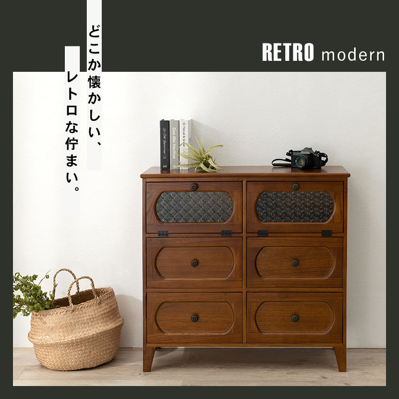 レトロモダン チェスト 完成品 3段／4段／2列 花ガラス フラップ扉