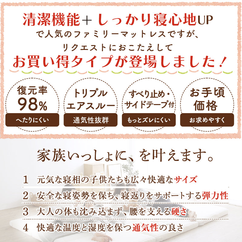 家族みんな眠れる!ボリューム&ひろびろ ワイドキング300cmお買い得ファミリーマットレス敷き布団 高反発・抗菌