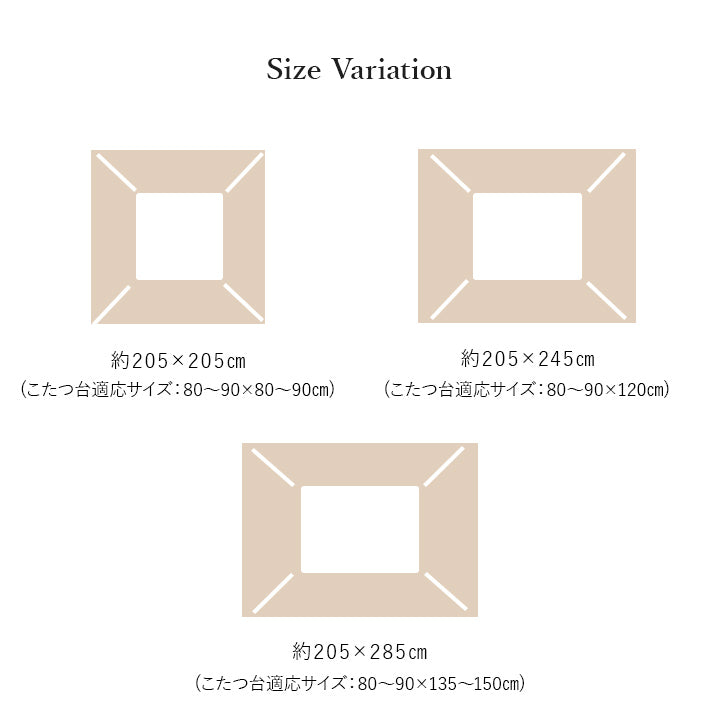 こたつ掛け布団の3サイズ比較表 約205×205・205×245・205×285cmと対応こたつ台サイズの案内
