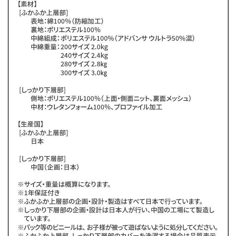 ファミリー敷布団 品質1年保証 日本製 安心・信頼の品質説明イメージ