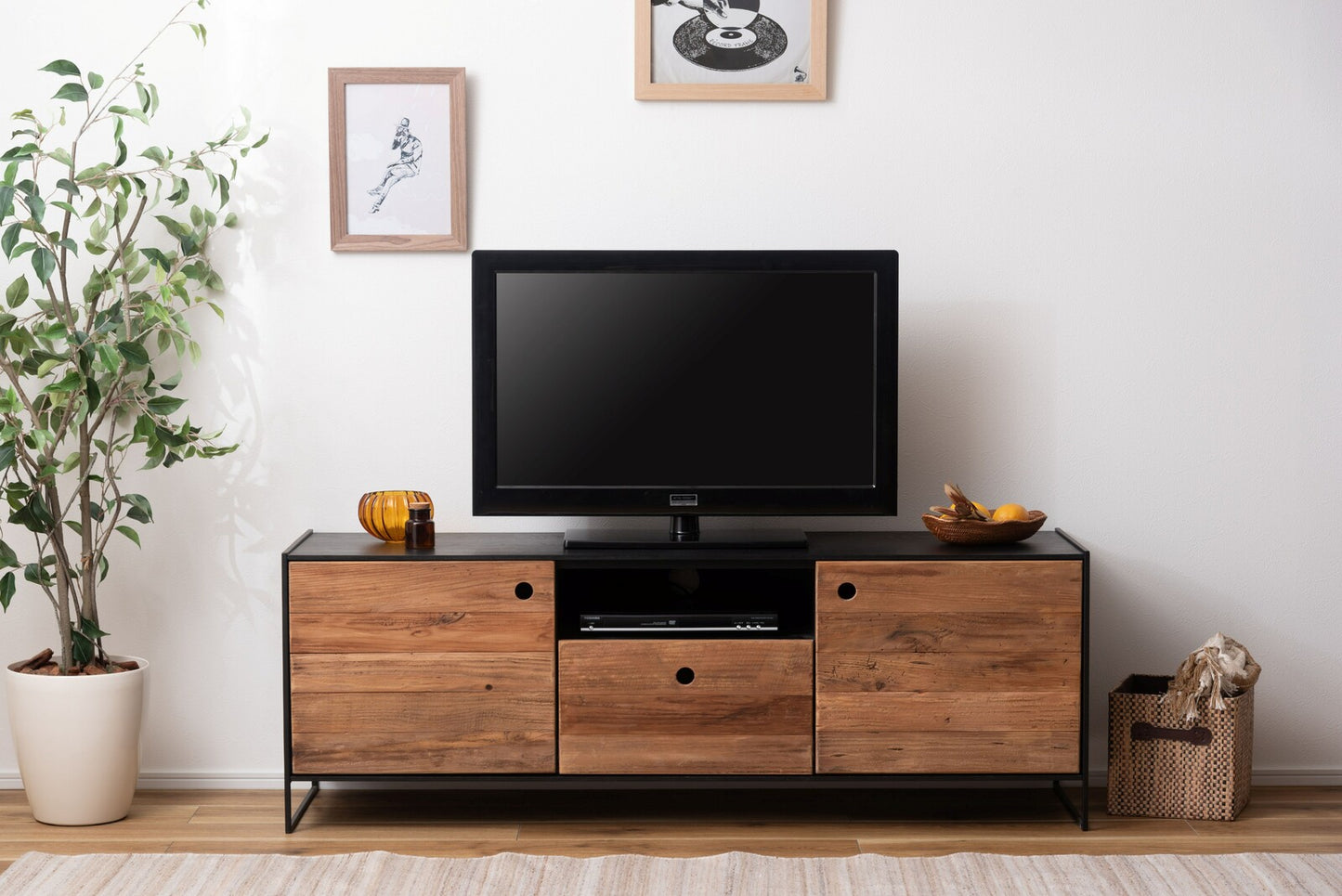 テレビボード 幏145cm パイン古材・オーク アンティーク調 アイアン脳 完成品
