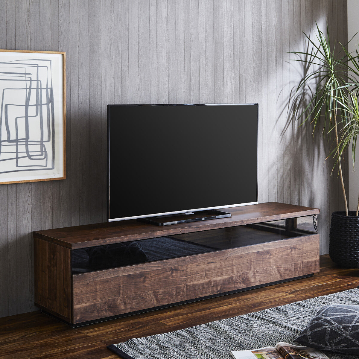 国産テレビボード 幏180cm プリント化粧合板 スモークガラス扉き ストーンホワイト・ウォールナット