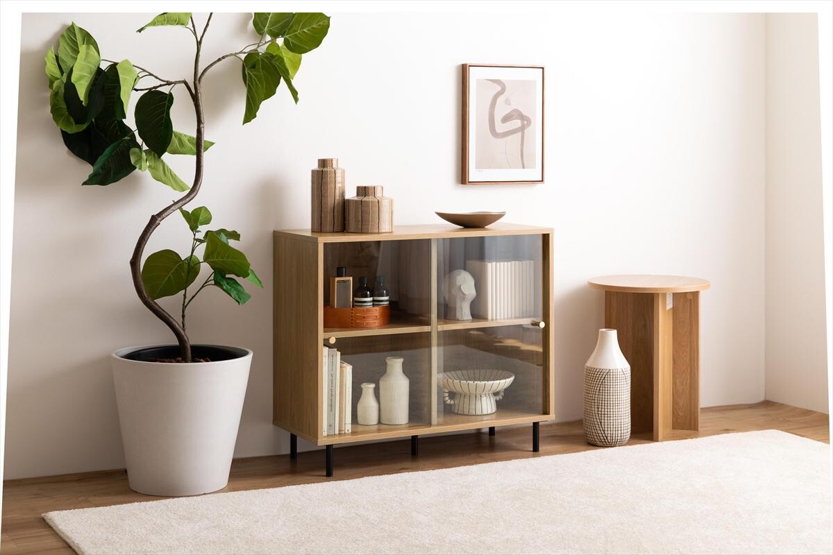 【幅80cm】Laura ガラス引き戸キャビネット