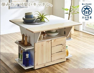 幅90cm／120cm　キャスター付きテーブルカウンター（ホワイト）　日本製｜キッチン｜大川家具