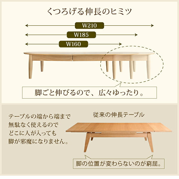 3段階伸長式 天然木オーバル型エクステンションリビングテーブル SHUELNA シュエルナ