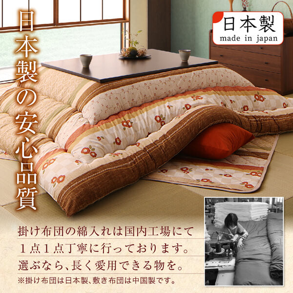 つばき柄のこたつ布団の使用イメージと、国内工場で掛け布団に綿入れする製造風景。掛け布団は日本製、敷き布団は中国製