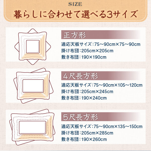 こたつ布団の正方形・4尺長方形・5尺長方形のサイズ表。各サイズの適応天板寸法と、掛け布団・敷き布団の寸法を紹介