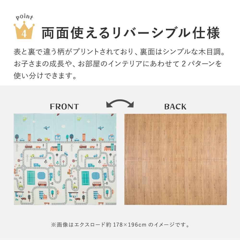 プレイマットの表面の道路・街並み柄と裏面の木目調を並べた、両面使えるリバーシブル仕様の紹介