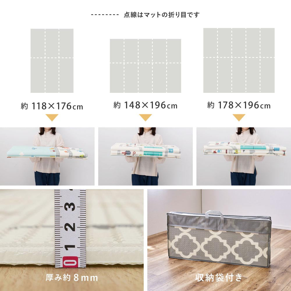 プレイマット3サイズの折り目と折りたたみ時の比較、厚み約8mmの断面、収納袋に収めた状態