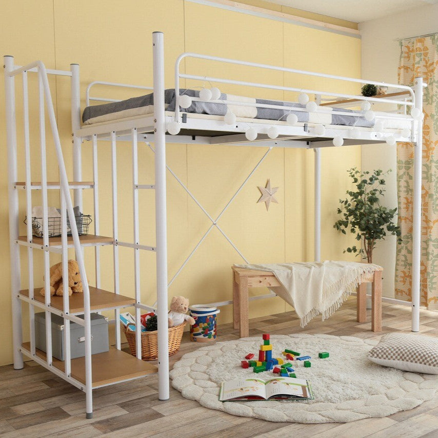 【シングル】 Lofty 階段付きロフトベッド  ホワイト 寝具 Lofty 階段付きロフトベッド シングル 2色対応の通販情報