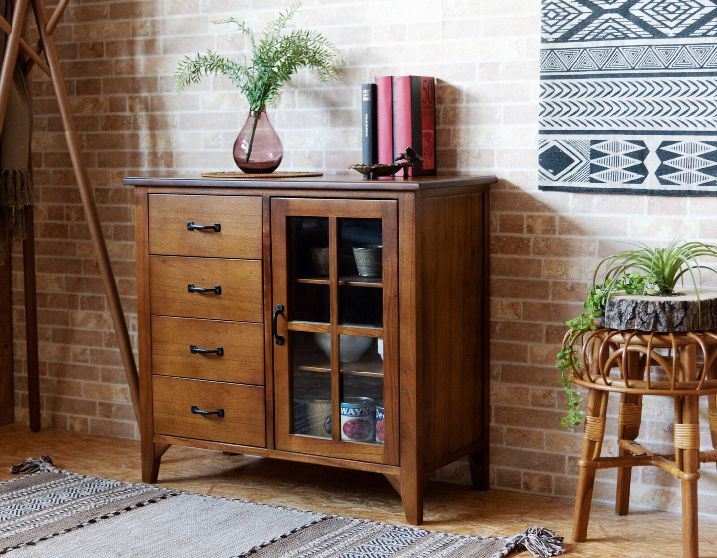 キャビネット 天然木 アンティーク スリム 省スペース 収納 扉付き 棚付き ガラス扉