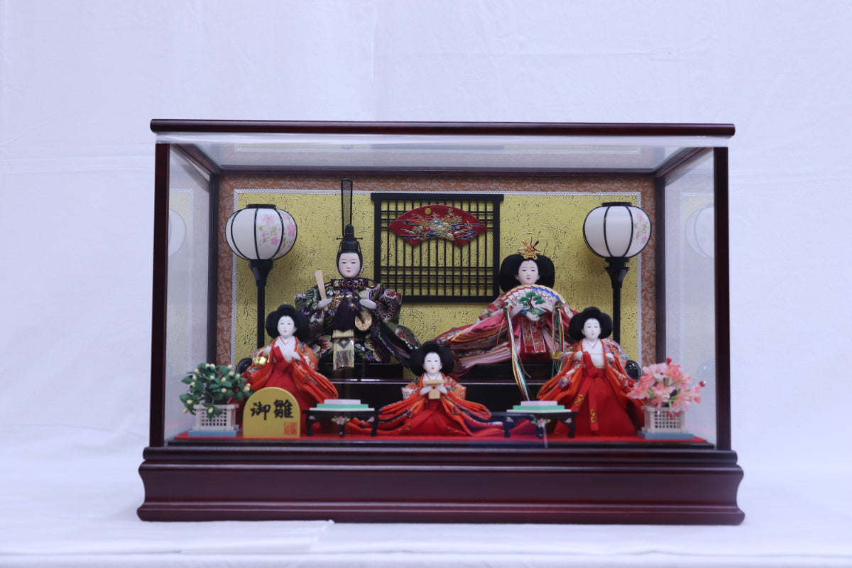 五人飾り雛人形ガラスケース (57cmx33cmx39cm)